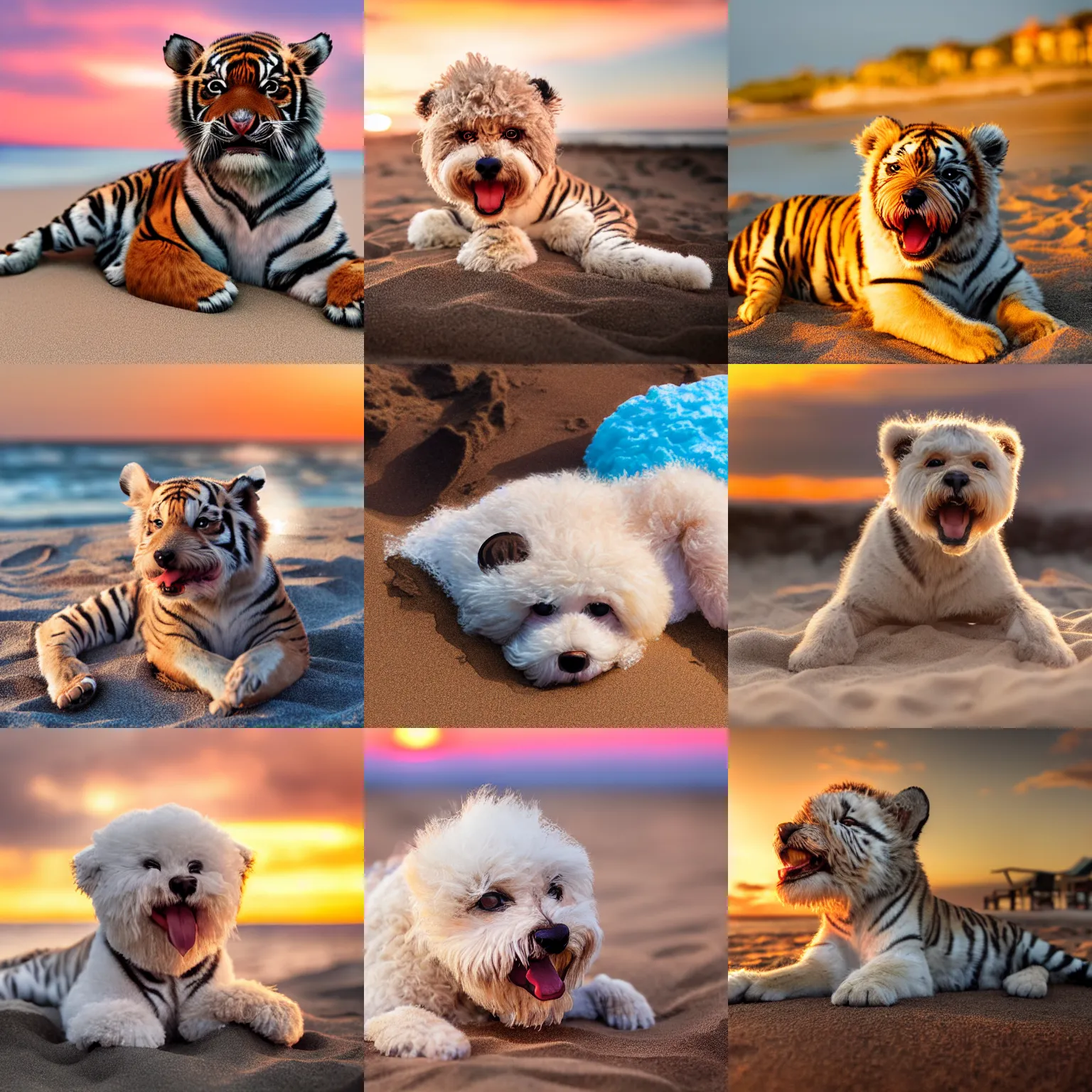 Prompt: a closeup photorealistic photograph of a cute smiling tiger bichon laying out at the beach during sunset. professional capture, well lit shot. this 4 k hd image is trending on artstation, featured on behance, well - rendered, extra crisp, features intricate detail, epic composition and the style of unreal engine.