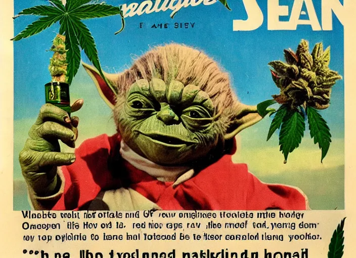 Image similar to vintage travel advertisement for jamaica, of yoda made out of green cannabis sativa, smoking a bong