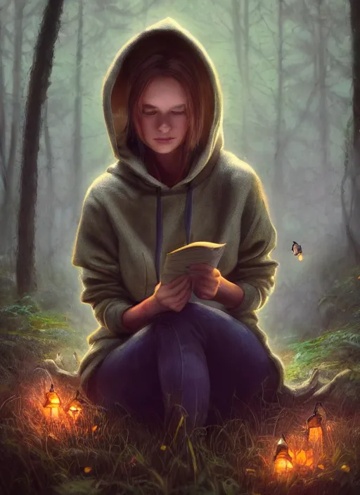 Image similar to portrait, stunningly beautiful girl wearing a hoodie, sits in a mystical misty forest, reading under a tree, fireflies and fairies, dramatic lighting, cinematic, establishing shot, extremly high detail, foto realistic, cinematic lighting, post processed, concept art, artstation, matte painting, style by eddie mendoza, raphael lacoste, alex ross