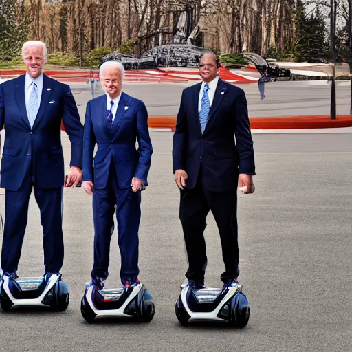 Prompt: A professional photograph of Joe Biden and his bodyguards standing on hoverboards, HDR, 8k,