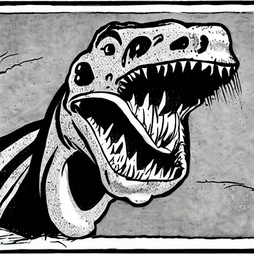 Prompt: a Pop Wonder scary horror themed goofy-hilarious-character-dinosaur-demon, dime-store-comic drawn with charcoal and pen and ink, half-tone-line-stacking