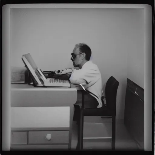 Prompt: a polaroid photo of a man checking his emails from the perspective of a computer screen