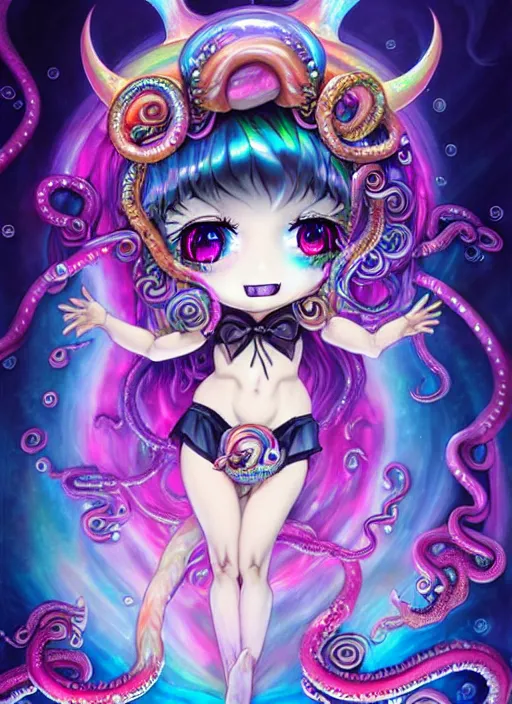 Prompt: A full shot of a chibi girl from the Abyss covered in opals. Symmetrical. Underwater. Dark foreboding Atmosphere. Sailor Moon. Tentacles. Kawaii. Rainbows. Demon Horns, Angel Wings, By Lisa Frank and HR Giger and Ross Tran and ArtGerm and WLOP. Key Art. Fantasy Illustration. award winning, Artstation, intricate details, realistic, Hyperdetailed, 8k resolution. Photoreal. Octane Render.