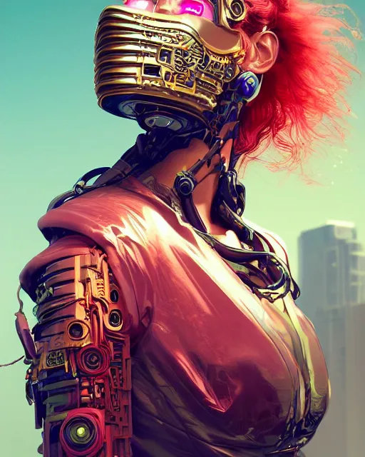 Image similar to portrait of a beautiful cyberpunk cyborg female wearing a ballistic face mask with brilliant gold flowing hair and bright red eyes, intricate abstract. intricate artwork. by Tooth Wu, wlop, beeple, dan mumford. octane render, trending on artstation, greg rutkowski very coherent symmetrical artwork. cinematic, hyper realism, high detail, octane render, 8k, iridescent accents