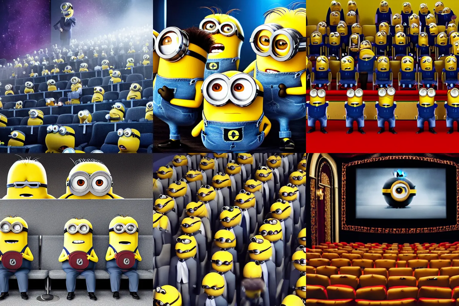 Prompt: cinema screen displaying the minions destroyed by agry children in suits, hyperrealistic, 8 k, ultra high detail,