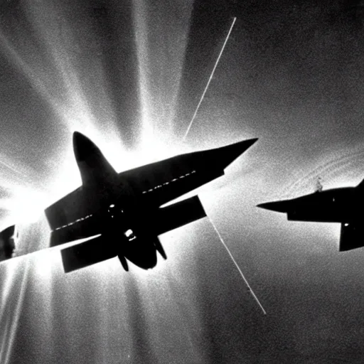 Prompt: classified photograph of triangular spacecraft projecting beams of intense light onto landed bomber jets, film grain, specular highlights, 3 5 mm lens, government archive photograph