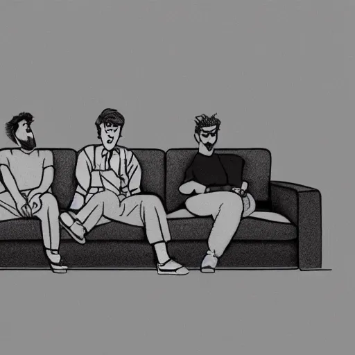 Image similar to 3 dudes sitting on a couch watching tv. smoking cigarettes, drinking cough syrup. pencil and ink drawing. high detail, 4 k, octane render,