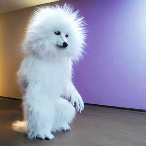 Image similar to a photo of a white fur monster standing in a purple room