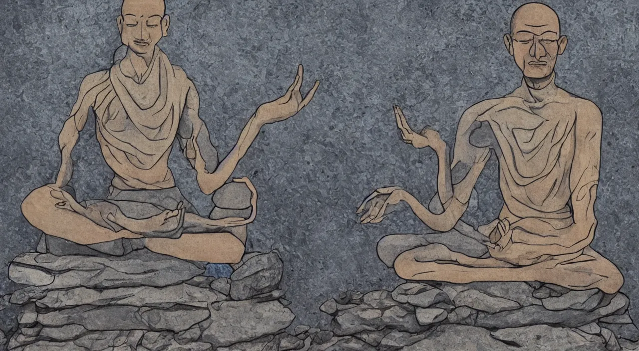 Prompt: a augmented meditating monk sitting on a stone, visionary art style,