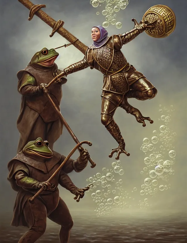 Prompt: anthropomorphic bipedal frog that is dressed as a renaissance fighter, and holding a giant flail on a chain, as a matte oil painting and d & d character art, by alex grey, standing, fullbody, floating bubbles, mystic, fog, fractals, spirals, concept art, award - winning, extremely detailed, sharp focus