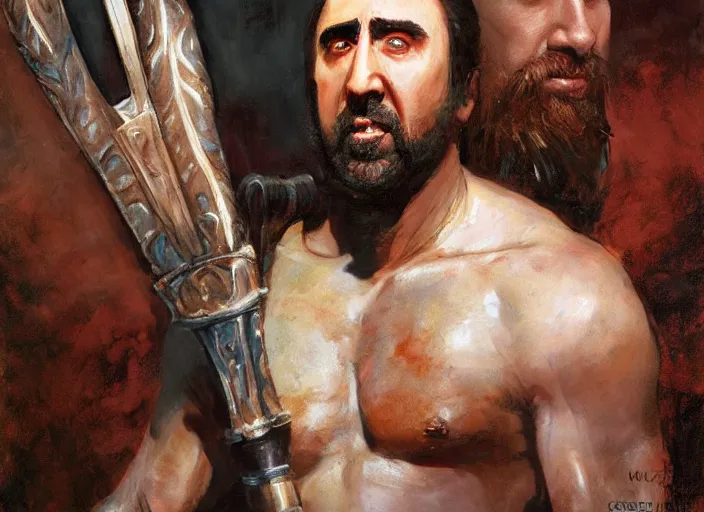 Image similar to a highly detailed beautiful portrait of nicolas cage as kratos, by gregory manchess, james gurney, james jean