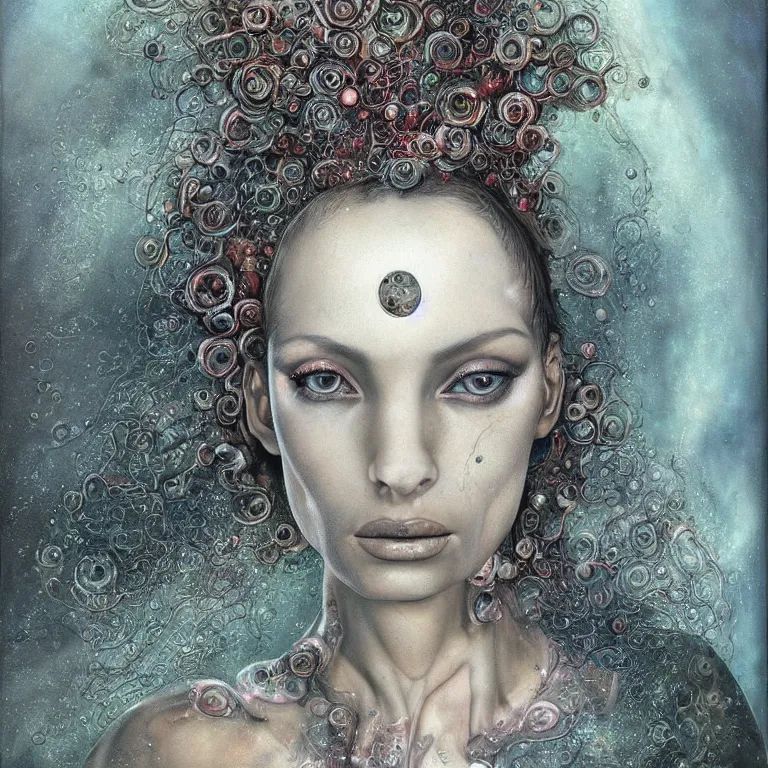 Prompt: portrait of a woman with swirling crystal hair and fractal skin, illustration by saturno butto, retrofuturism, psychedelic art reimagined by industrial light and magic