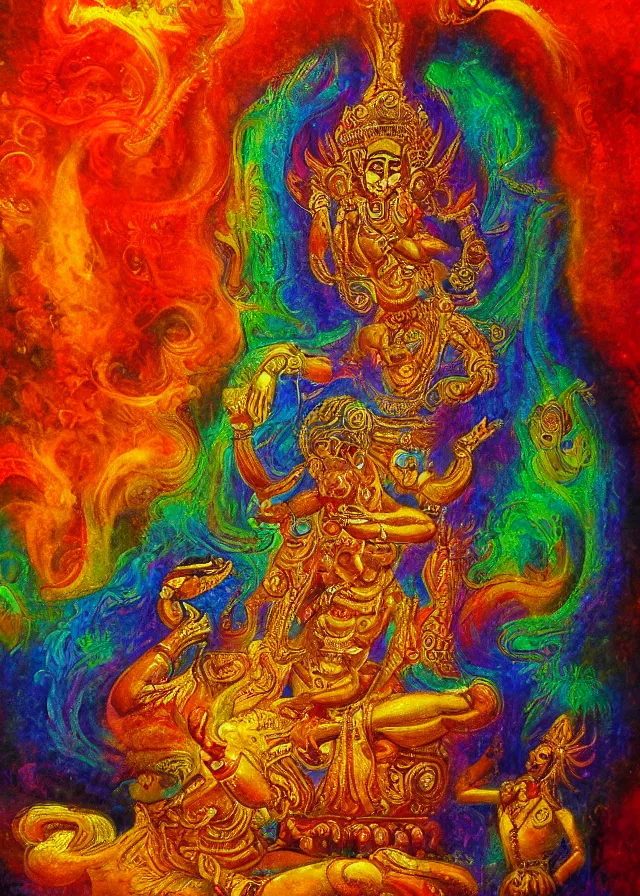 Prompt: Brahma deva of the golden blood mythos beloved deva, ethereal gnostic mist, award winning oil painting, chromatic aberration sharp color