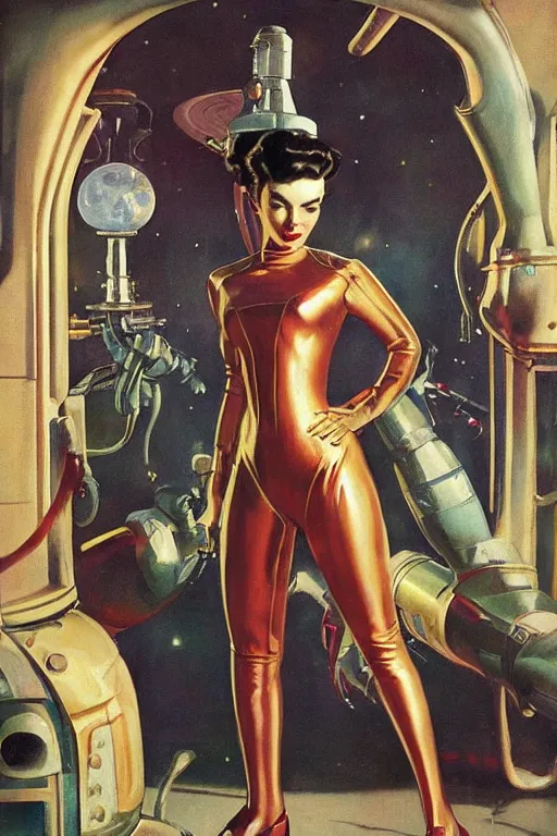 Image similar to 5 0 s pulp scifi fantasy illustration full body portrait elegant woman wearing latex spacesuit in venusian city, by norman rockwell, roberto ferri, daniel gerhartz, jack kirby, earle bergey, ruan jia, jason fabok, tom lovell, alex malveda, dean cornwell, astounding stories, amazing, fantasy, other worlds