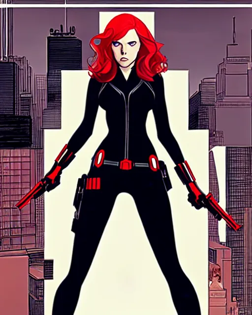 Prompt: phil noto comicbook cover art, black widow marvel, symmetrical eyes, long red hair, full body, city rooftop