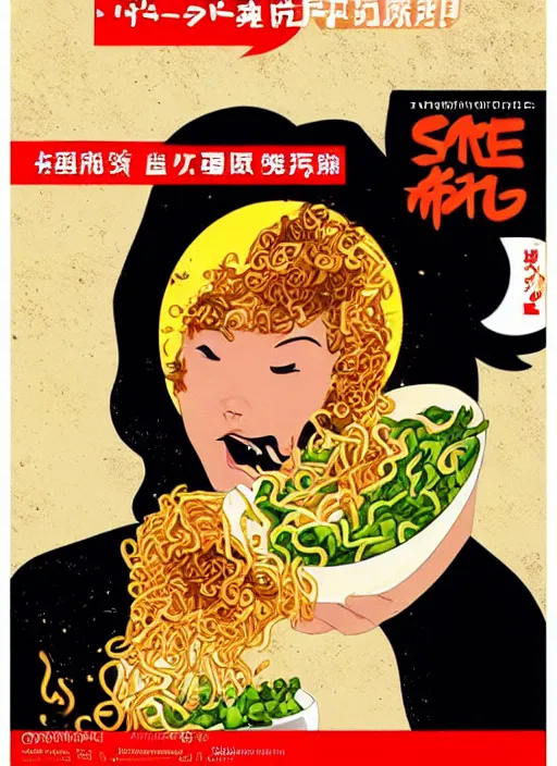Prompt: Ad poster for the spiciest ramen in the world. There is a girl on it who has smoke coming out of her ears.