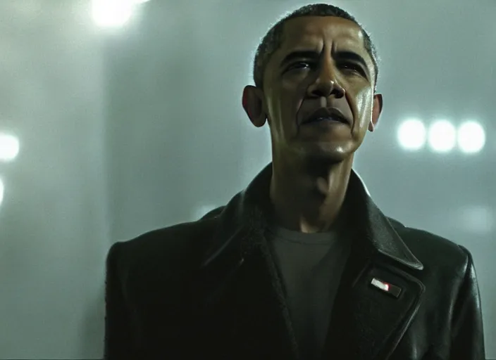 Image similar to film still barack obama wearing leather coat as a detective in blade runner, 8 k