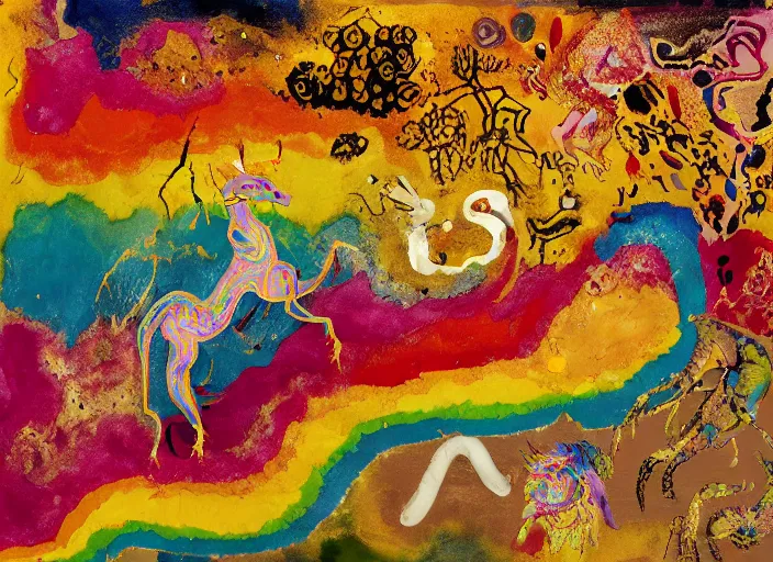 Image similar to expressionistic decollage painting golden armor alien zombie horseman riding on a crystal bone dragon broken rainbow diamond maggot horse in a blossoming meadow full of colorful mushrooms and golden foil toad blobs in a golden sunset, distant forest horizon, painted by Mark Rothko, Helen Frankenthaler, Danny Fox and Hilma af Klint, graffiti buff, pixel, glitch, semiabstract, color field painting, byzantine art, microsoft paint art, pop art look, naive, outsider art, very coherent symmetrical artwork. Bekinski painting, part by Philip Guston and Adrian Ghenie, art by George Condo, 8k, extreme detail, intricate detail, masterpiece