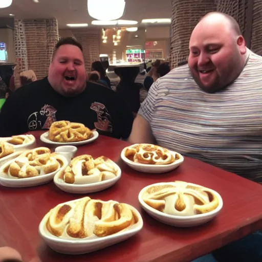 Prompt: fat guys eating cinnabons