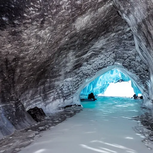 Image similar to narrow ice cave with low ceiling and narrow rough river running through it, surreal,