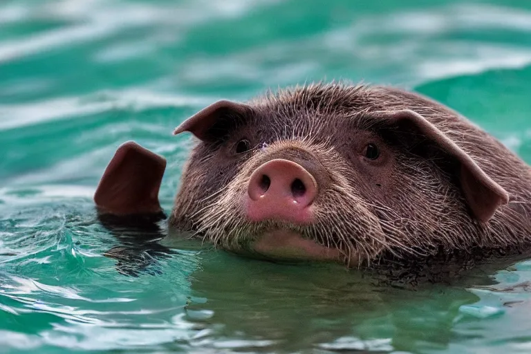 Image similar to a pig sea otter!!! hybrid! hyper realistic!! realistic lighting!! wildlife photographer of the year!!! bold natural colors, national geographic, hd, wide angle, 8 k