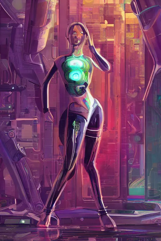 Prompt: attractive female android in feminine pose on a hyper-maximalist overdetailed retrofuturist scifi bookcover illustration from '70s. Inspired by wlop. Biopunk, solarpunk style. Daytime