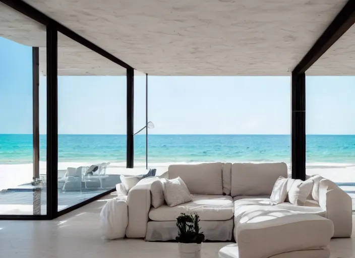 Prompt: interior photo of a modern beach house with a beautiful couch next to a white marble table on top of which there are magnificent flowers, highly detailed, hd, 4k