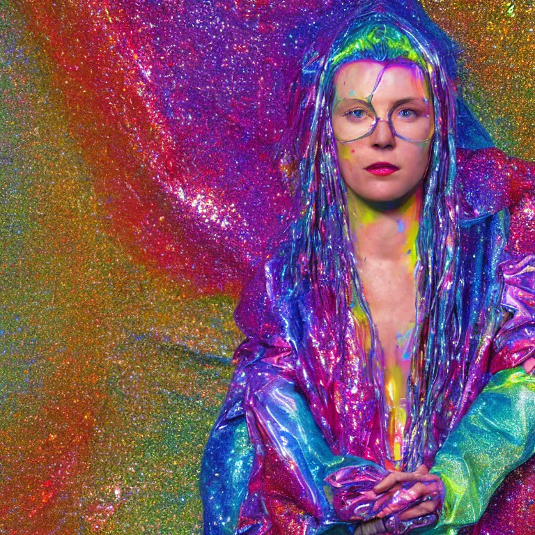 Image similar to octane render portrait by wayne barlow and carlo crivelli and glenn fabry, a woman wearing a clear plastic suit full of colorful thick fluid full of glitter, standing in front of a giant sheet of tie - dye aluminum foil, cinema 4 d, ray traced lighting, very short depth of field, bokeh