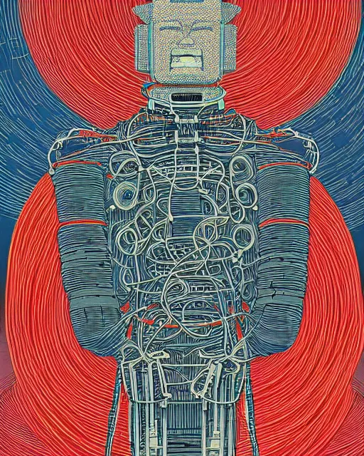 Image similar to Hiroshige portrait of a robot saint made of cables and robotic pod by victo ngai