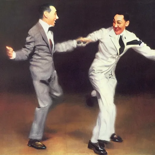 Image similar to Gene Kelly dancing with Pee Wee Herman, by Sir James Guthrie, hyperrealism