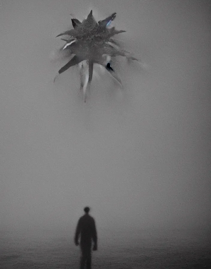 Image similar to very low - resolution found footage of a kaiju starfish - pulgasari - monster, fog, foggy, korean film noir, monochrome, red hue, thriller, underdeveloped, epic, dramatic