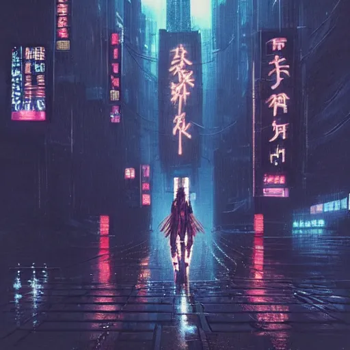 Prompt: high detailed lost soul in cyberpunk rainy city at night with a torii in the background by Syd Mead, high quality, 4K, UHD, trending on ArtStation, blade runner vibes, ghost in the shell, akira