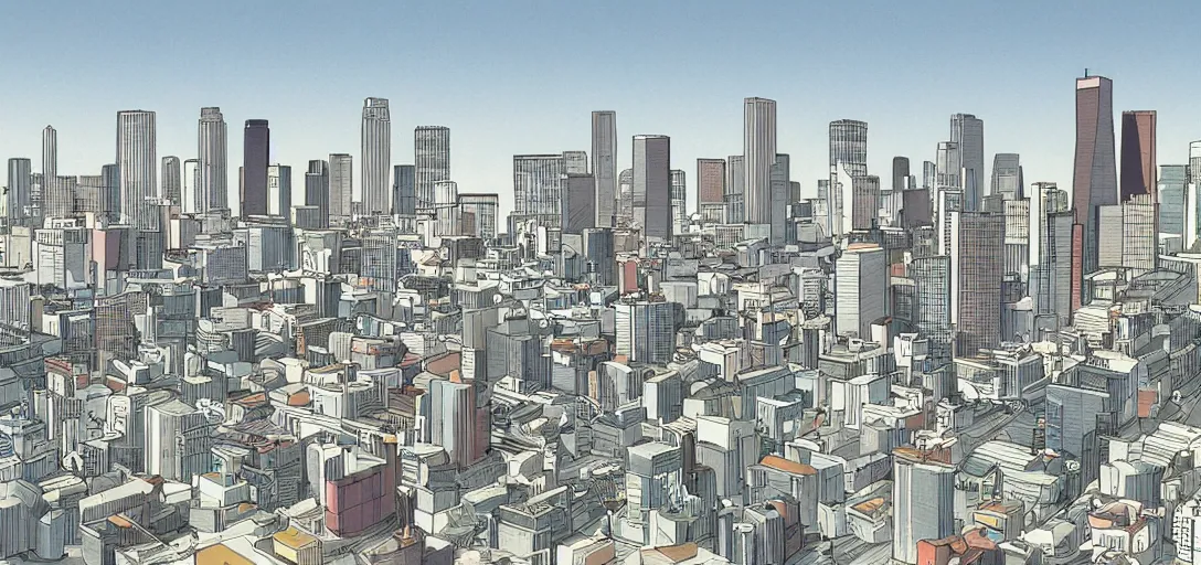 Prompt: visual development for los angeles cityscape skyline by lou romano and dice tsutsumi