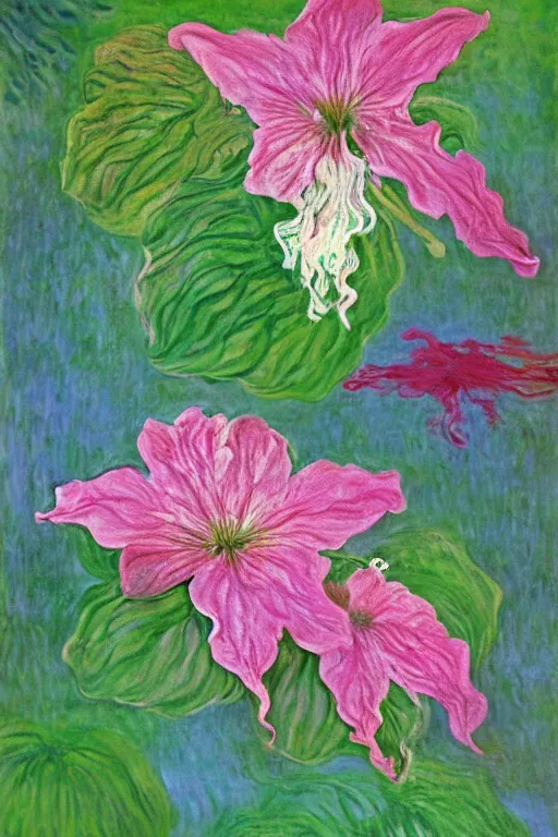 Image similar to a cluster of pink dripping clematis liquefying dripping with pink paint by claude monet by salvador dali, oil on canvas