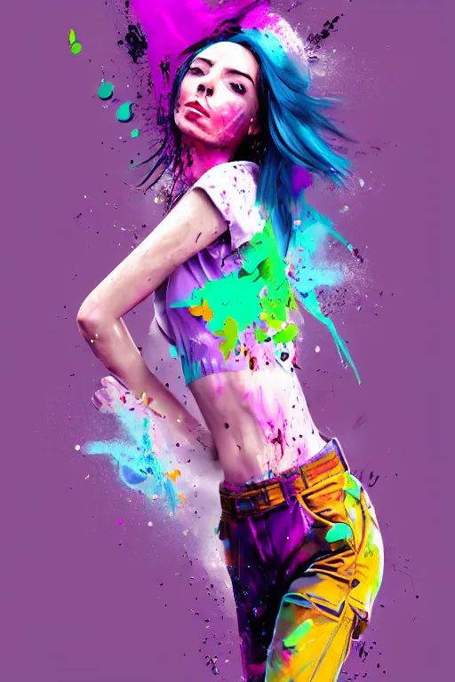 Image similar to a award winning half body porttrait of a beautiful woman in a croptop and cargo pants with ombre purple pink teal hairstyle with head in motion and hair flying, paint splashes, splatter, outrun, vaporware, shaded flat illustration, digital art, trending on artstation, highly detailed, fine detail, intricate