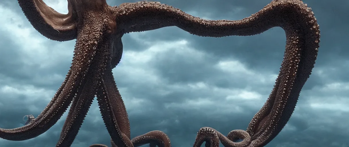 Image similar to a giant octopus tentacle hanging from the clouds over a rain forest, still from the movie the arrival, 8k