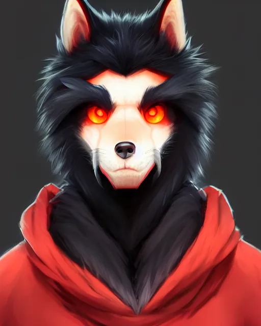 Image similar to character concept art of a black anthropomorphic furry male wolf long red hair | | cute - fine - face, pretty face, key visual, realistic shaded perfect face, fine details by stanley artgerm lau, wlop, rossdraws, james jean, andrei riabovitchev, marc simonetti, and sakimichan, trending on artstation