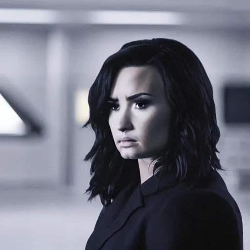 Image similar to close-up of Demi Lovato as a Diana Scully in an X-Files movie directed by Christopher Nolan, movie still frame, promotional image, imax 35 mm footage