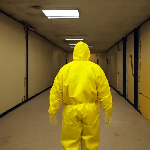 Prompt: a man wearing a yellow hazmat suit inside the backrooms, liminal space, flickering fluorescent lights, eerie mood