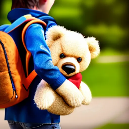 Image similar to a teddy bear with a backpack walking to school, photorealistic, close-up, 8K, 3D