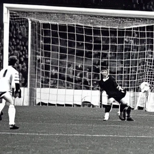 Prompt: Ove Kindvall making a goal in the finale, 70s photo