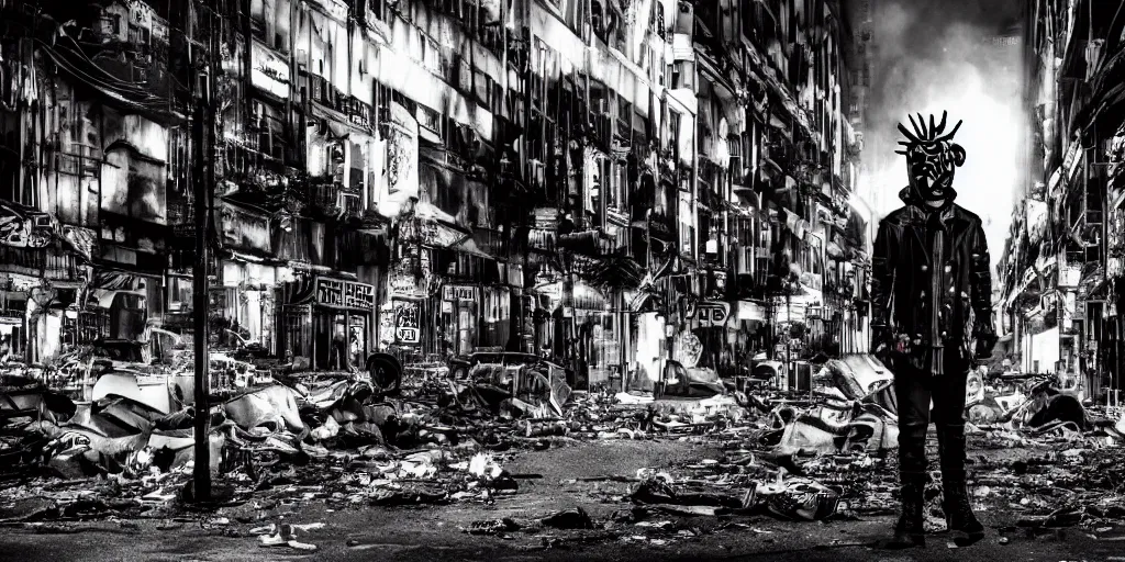Prompt: post apocalyptic city, revolutionary punk masked up punk, fire, damaged, trash, medium shot, by liam wong