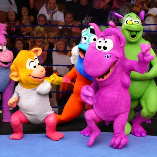 Prompt: wwe brawl between barney the dinosaur and the teletubies, photo, cell phone photo, 3 5 mm, iso, mm