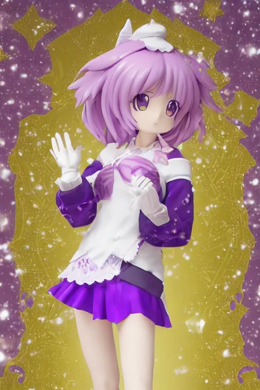 Prompt: An anime figure of a cute magical girl with short blonde hair wearing purple short puffy pants, an oversized beret, white tights covered in stars, and a long billowing scarf. Short hair. intricate details, realistic, Hyperdetailed, 8k resolution, intricate art nouveau, Octane Render.