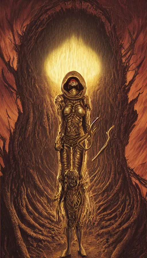 Prompt: Elden Ring, Arrakis Fremen bloodguard fighter with breathing mask exoskeleton armor saint icon portrait themed tarot card, the dark post-apocalyptic hellscape torment intricate golden artwork by Artgerm, Johnatan Wayshak, Zdizslaw Beksinski, Darius Zawadzki, H.R. Giger, Takato Yamamoto, masterpiece, very coherent artwork, cinematic, high detail, octane render, unreal engine, 8k, High contrast, golden ratio, trending on cgsociety, ultra high quality model, production quality cinema model in the style of Midjourney, highly detailed and intricate artwork, masterpiece, majestic, ephemeral, cinematic lighting, vivid and vibrant colors, iconic movie poster character production art concept, haunting, horror, gothic fog ambience, golden fire palette, Artstation trending, unreal engine, octane render