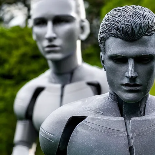 Image similar to a realistic detailed photo of a guy who is an attractive humanoid who is half robot and half humanoid, who is a male android, soccer player timo werner, shiny skin, posing like a statue, blank stare, by the pool, on display, showing off his muscles, humanoid robot, frozen ice statue, made of ice
