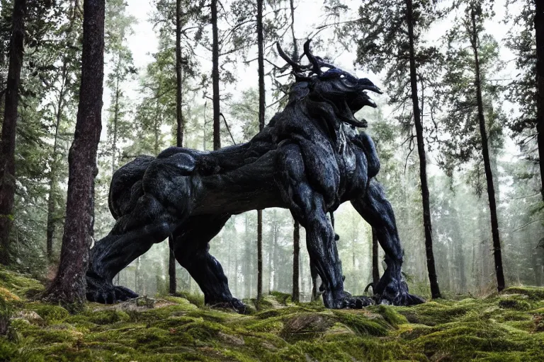Image similar to mythological forest beast standing a swedish forest very low angle photograph trending on artstation