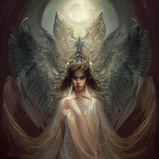 Image similar to A beautiful digital painting of Seraphim, have many eyes, the moon behind her, intricate, cinematic lighting, highly detailed, digital painting, Artstation, concept art, smooth, sharp focus, illustration, art by Tom Bagshaw, Artgerm and Greg Rutkowski