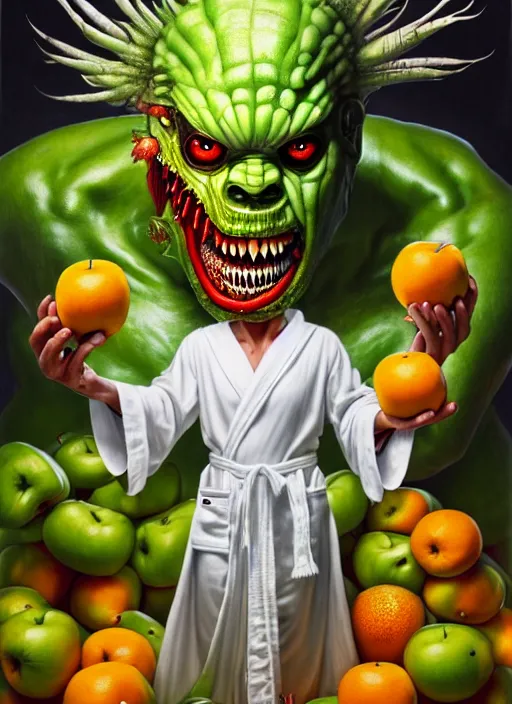 Prompt: full body shot of a monster man in a white robe, green skin, dressed in all white, covered in different fruit, apples, oranges, bananas, intricate, highly detailed, concept art, hyperrealistic, oil painting by greg staples and tristan eaton, 8 k