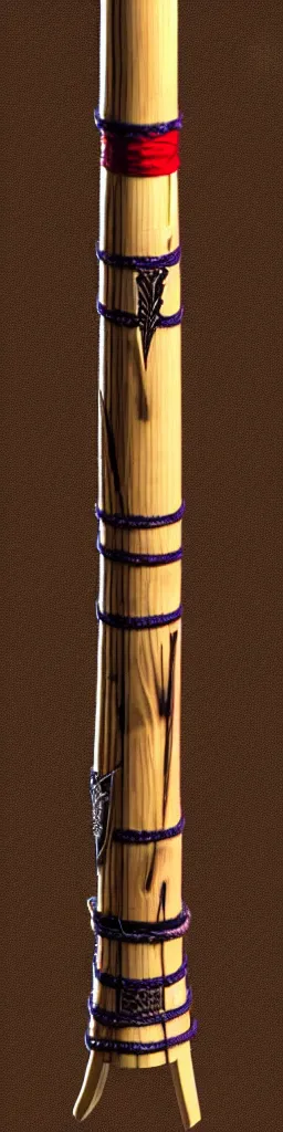 Image similar to single wooden long straight thin ninja fighting staff decorated with oriental ornaments, polished, weapon, highlight, vertical, centred, highly symmetric, sci - fi, fantasy, japan, dnd, close shot, bright uniform background, directional lighting, digital art, hyperrealism, award winning, 8 k